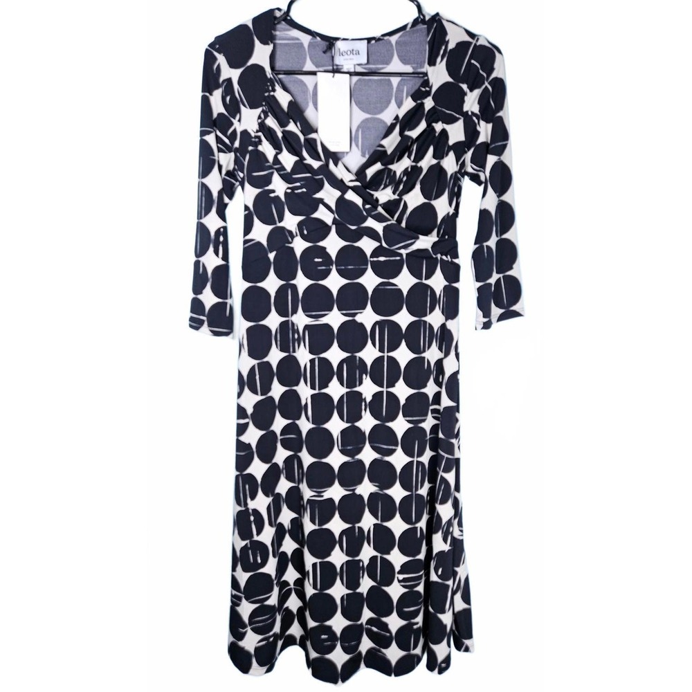 Leota New York Polka Dot Faux Wrap Dress Black Cream 3/4 Sleeve XS Made in USA